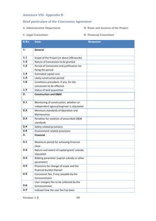 Version 1.0 48
Annexure VIII- Appendix B
Brief particulars of the Concession Agreement
A. Administrative Department: B. Name and location of the Project:
C. Legal Consultant: D. Financial Consultant:
S.No. Item Response
1. General 
 
1.1 Scope of the Project (in about 200 words) 
1.2 Nature of Concession to be granted 
1.3 Period of Concession and justification for 
fixing the period 
1.4 Estimated capital cost 
1.5 Likely construction period 
1.6 Conditions precedent, if any, for the 
concession to be effective 
1.7 Status of land acquisition 
2. Construction and O&M 
 
2.1 Monitoring of construction; whether an 
independent agency/engineer is stipulated 
2.2 Minimum standards of Operation and 
Maintenance 
2.3 Penalties for violation of prescribed O&M 
standards 
2.4 Safety related provisions 
2.5 Environment related provisions 
3. Financial 
3.1 Maximum period for achieving financial 
close 
3.2 Nature and extent of capital grant/ subsidy 
stipulated 
3.3 Bidding parameter (capital subsidy or other 
parameter) 
3.4 Provisions for change of scope and the 
financial burden thereof 
3.5 Concession fee, if any, payable by the 
Concessionaire 
3.6
User charges/ fee to be collected by the 
Concessionaire 
3.7 Indicate how the user fee has been 
 