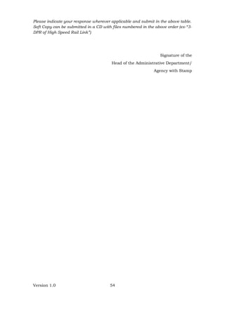 Version 1.0 54
Please indicate your response wherever applicable and submit in the above table.
Soft Copy can be submitted in a CD with files numbered in the above order (ex-“3-
DPR of High Speed Rail Link”)
Signature of the
Head of the Administrative Department/
Agency with Stamp
 
