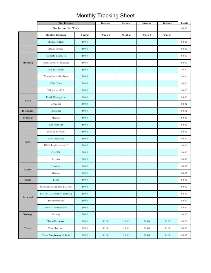 monthly tracking sheet