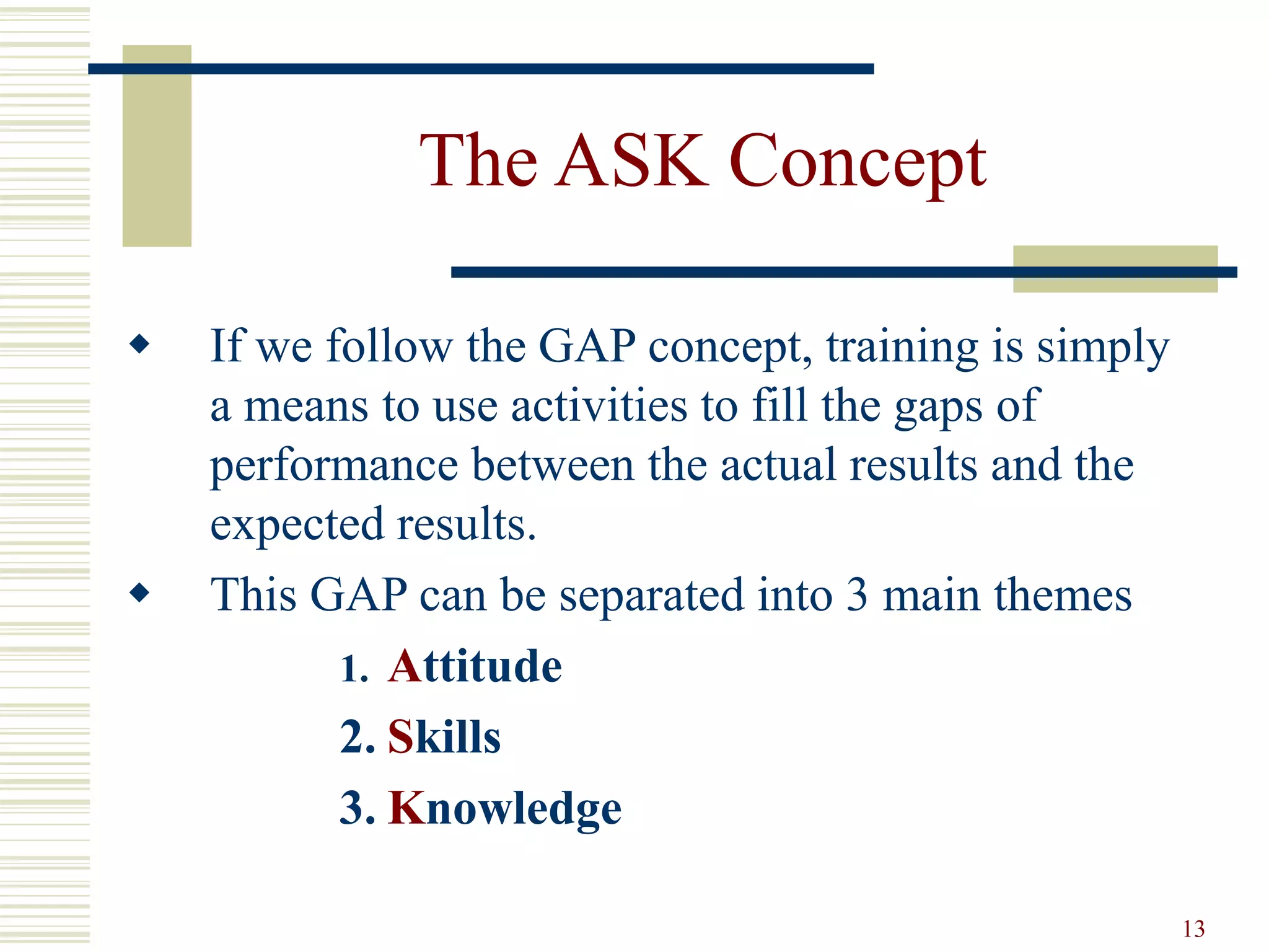 13
The ASK Concept
 If we follow the GAP concept, training is simply
a means to use activities to fill the gaps of
performance between the actual results and the
expected results.
 This GAP can be separated into 3 main themes
1. Attitude
2. Skills
3. Knowledge
 