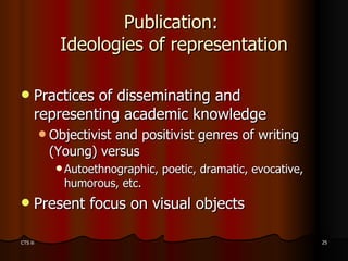 Publication:  Ideologies of representation <ul><li>Practices of disseminating and representing academic knowledge </li></u...