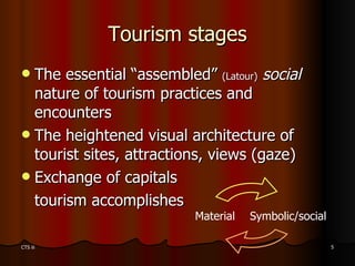 Tourism stages <ul><li>The essential “assembled”  (Latour)   social  nature of tourism practices and encounters </li></ul>...