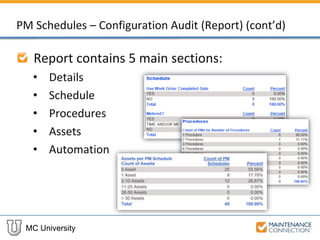 MC University
PM Schedules – Configuration Audit (Report) (cont’d)
Report contains 5 main sections:
• Details
• Schedule
• Procedures
• Assets
• Automation
 