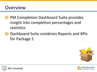 MC University
Overview
PM Completion Dashboard Suite provides
insight into completion percentages and
statistics
Dashboard Suite combines Reports and KPIs
for Package 2
 