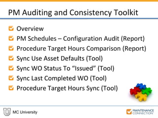 MC University
PM Auditing and Consistency Toolkit
Overview
PM Schedules – Configuration Audit (Report)
Procedure Target Hours Comparison (Report)
Sync Use Asset Defaults (Tool)
Sync WO Status To “Issued” (Tool)
Sync Last Completed WO (Tool)
Procedure Target Hours Sync (Tool)
 
