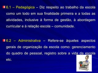 6.1 – Pedagógica – Diz respeito ao trabalho da escola
como um todo em sua finalidade primeira e a todas as
atividades, inclusive à forma de gestão, à abordagem
curricular e à relação escola – comunidade.



6.2 – Administrativa – Refere-se àqueles aspectos
gerais de organização da escola como: gerenciamento
do quadro de pessoal, registro sobre a vida da escola
etc.
 