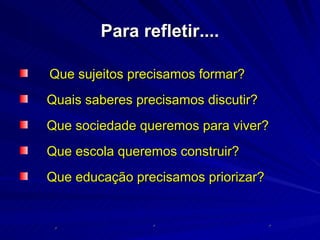 Para refletir....

Que sujeitos precisamos formar?
Quais saberes precisamos discutir?
Que sociedade queremos para viver?
Que escola queremos construir?
Que educação precisamos priorizar?
 