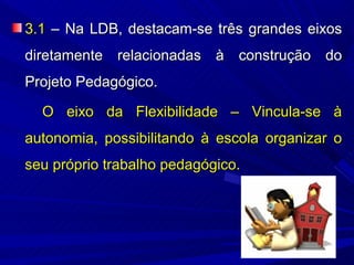 3.1 – Na LDB, destacam-se três grandes eixos
diretamente relacionadas à construção do
Projeto Pedagógico.

  O eixo da Flexibilidade – Vincula-se à
autonomia, possibilitando à escola organizar o
seu próprio trabalho pedagógico.
 