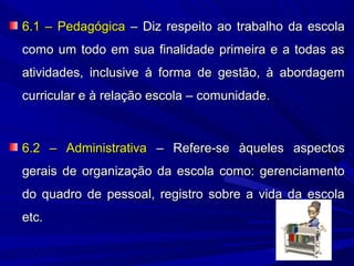 6.1 – Pedagógica – Diz respeito ao trabalho da escola
como um todo em sua finalidade primeira e a todas as
atividades, inclusive à forma de gestão, à abordagem
curricular e à relação escola – comunidade.



6.2 – Administrativa – Refere-se àqueles aspectos
gerais de organização da escola como: gerenciamento
do quadro de pessoal, registro sobre a vida da escola
etc.
 
