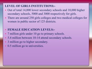 LEVEL OF GIRLS INSTITUTIONS:-
 Out of total 14,000 lower secondary schools and 10,000 higher
secondary schools, 5000 and 3000 respectively for girls.
 There are around 250 girls colleges and two medical colleges for
women in public sector of 125 districts.
 FEMALE EDUCATION LEVELS:-
 7 million girls under 10 go to primary schools.
 5.4 million between 10-14 attend secondary schools.
 3 million go to higher secondary.
 0.5 million go to universities.
 