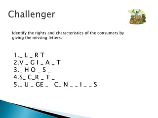 Identify the rights and characteristics of the consumers by
giving the missing letters.



1._ L _ R T
2.V _ G I _ A _ T
3._ H O _ S _
4.S_ C_R _ T _
5._ U _ GE _ C_ N _ _ I _ _ S
 