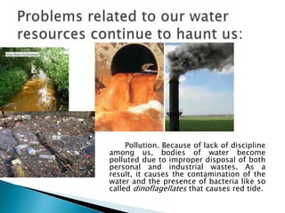 Pollution. Because of lack of discipline
among us, bodies of water become
polluted due to improper disposal of both
personal and industrial wastes. As a
result, it causes the contamination of the
water and the presence of bacteria like so
called dinoflagellates that causes red tide.
 