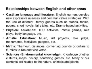 Relationships between English and other areas
• Castilian language and literature: English learners develop
  new expressive nuances and communicative strategies. With
  the use of different literary genres such as stories, fables,
  poems, short novels, fairy tales, etc. Drama-based activities.
• Physical education: TPR activities, mimic games, role
  plays, body language, etc.
• Artistic Education: Music, art projects, role plays,
  monuments, festivities, puppets, etc.
• Maths: The hour, distances, converting pounds or dollars to
  €, miles to Km and vice versa.
• Sciences (Environmental knowledge): Knowledge of other
  cultures, maps, history, searching games, etc. Many of our
  contents are related to the nature, animals and plants.
 