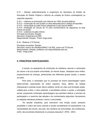 8.15 – Solicitar sistematicamente à engenharia da Secretaria de Estado de
Educação do Distrito Federal a reforma da unidade de Ensino contemplando os
seguintes aspectos:
8.15.1 – melhoria na iluminação com reforma em 100% da parte elétrica;
8.15.2 – construção de uma quadra ou área adequada para a prática de esportes;
8.15.3 – restauração do pátio interno adaptando-o para alunos ANEE;
8.15.4– Instalação de circuito de TV para monitoramento de segurança na área
interna da escola
8.15.5 – cobertura do pátio interno
Principais envolvidos: Direção.
Recursos: Engenharia da SEE.
Responsáveis: Direção. Prazo: longo prazo

8.16 – Reativar a TV Escola.
Principais envolvidos: Direção.
Recursos: acervo da videoteca/GMULT da SEE, acervo da TV Escola.
Responsáveis: Direção, professor com disponibilidade para tal.
Prazo: longo prazo




9. PRINCÍPIOS NORTEADORES:


      A escola, na perspectiva de construção da cidadania, assume a valorização
da cultura e de sua própria comunidade, ao mesmo tempo, ultrapassa seus limites,
proporcionando às crianças, pertencentes aos diferentes grupos sociais, o acesso
ao saber.
      Para tanto, é necessário que no processo de ensino aprendizagem sejam
desenvolvidas capacidades de ordem cognitiva, física, afetiva, de relação
interpessoal e inserção social, ética e estética, tendo em vista uma formação ampla,
voltada para a ética, o meio ambiente, a pluralidade cultural, a saúde, a orientação
sexual, propiciando contemplar aprendizagens que permitam efetivar o princípio de
participação e o exercício das atitudes e do conhecimento adquiridos, favorecendo
as relações interativas professor x aluno x comunidade.
      “As escolas brasileiras, para exercerem uma função social, precisam
possibilitar o cultivo dos bens culturais e sociais considerando as expectativas e as
necessidades dos alunos, dos pais, dos membros da comunidade, dos professores,
enfim, dos envolvidos diretamente no processo educativo”. (PCN – 2001)
 