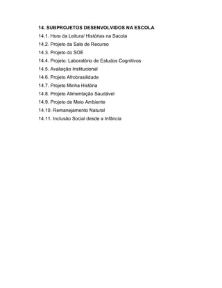 14. SUBPROJETOS DESENVOLVIDOS NA ESCOLA
14.1. Hora da Leitura/ Histórias na Sacola
14.2. Projeto da Sala de Recurso
14.3. Projeto do SOE
14.4. Projeto: Laboratório de Estudos Cognitivos
14.5. Avaliação Institucional
14.6. Projeto Afrobrasilidade
14.7. Projeto Minha História
14.8. Projeto Alimentação Saudável
14.9. Projeto de Meio Ambiente
14.10. Remanejamento Natural
14.11. Inclusão Social desde a Infância
 