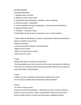 SISTEMATIZAÇÃO:
Conteúdos trabalhados:
1. Resgate histórico do aluno
2. Medidas de tempo, peso e altura
3. Organização temporal (passado – presente - futuro ) e espacial
4. Esquema corporal – sexualidade
5. Família (importância de seus antepassados – diversas estruturas familiares)
6. Desenvolvimento humano
7. Profissões – visão para o futuro
8. Diversidade em sala de aula e nos grupos em que a criança participa


1ª parte: dados de identificação: (a criança, orientada pela professora pesquisará os
dados na certidão de nascimento).
• Data de nascimento
• Local de nascimento (hospital e município-estado)
• Médico que fez o parto
• Médico que cuidou dela ao nascer
• Altura e peso ao nascer


2ª parte
(pesquisa dos dados na certidão de nascimento)
• Árvore genealógica (seu nome, nome dos irmãos, pais, avós paternos e maternos)
• Expor para as crianças as diversas famílias que podem existir cada uma conforme
sua própria história, especificidades...


3ª parte
• Origem do nome ( entrevistar os pais sobre a origem de seu nome)
• Em aula leitura e debate sobre a diversidade histórica e familiar.


4ª parte
• Eu cresci e hoje sou assim:
(incluindo uma aula de sexualidade – valorizando seu corpo, conhecer através de
bonecos o corpo da menina e menino, conscientizando de que na nossa cultura,
temos as partes íntimas, que devem ser preservadas, protegidas de adulto,
 