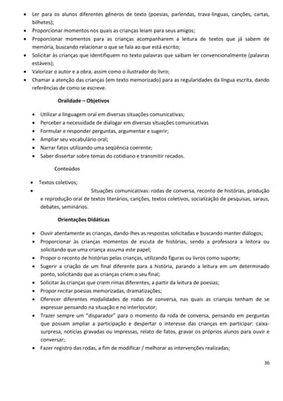    Ler para os alunos diferentes gêneros de texto (poesias, parlendas, trava-línguas, canções, cartas,
    bilhetes);
   Proporcionar momentos nos quais as crianças leiam para seus amigos;
   Proporcionar momentos para as crianças acompanharem a leitura de textos que já sabem de
    memória, buscando relacionar o que se fala ao que está escrito;
   Solicitar às crianças que identifiquem no texto palavras que saibam ler convencionalmente (palavras
    estáveis);
   Valorizar o autor e a obra, assim como o ilustrador do livro;
   Chamar a atenção das crianças (em texto memorizado) para as regularidades da língua escrita, dando
    referências de como se escreve.

                Oralidade – Objetivos

       Utilizar a linguagem oral em diversas situações comunicativas;
       Perceber a necessidade de dialogar em diversas situações comunicativas
       Formular e responder perguntas, argumentar e sugerir;
       Ampliar seu vocabulário oral;
       Narrar fatos utilizando uma seqüência coerente;
       Saber dissertar sobre temas do cotidiano e transmitir recados.

              Conteúdos

       Textos coletivos;
                            Situações comunicativas: rodas de conversa, reconto de histórias, produção
        e reprodução oral de textos literários, canções, textos coletivos, socialização de pesquisas, saraus,
        debates, seminários.

                Orientações Didáticas

     Ouvir atentamente as crianças, dando-lhes as respostas solicitadas e buscando manter diálogos;
     Proporcionar às crianças momentos de escuta de histórias, sendo a professora a leitora ou
      solicitando que uma criança assuma este papel;
     Propor o reconto de histórias pelas crianças, utilizando figuras ou livros como suporte;
     Sugerir a criação de um final diferente para a história, parando a leitura em um determinado
      ponto, solicitando que as crianças criem o seu final;
     Solicitar às crianças que criem rimas diferentes, a partir da leitura de poesias;
     Propor recitar poesias memorizadas, dramatizações;
     Oferecer diferentes modalidades de rodas de conversa, nas quais as crianças tenham de se
      expressar pensando na situação e no interlocutor;
     Trazer sempre um “disparador” para o momento da roda de conversa, pensando em perguntas
      que possam ampliar a participação e despertar o interesse das crianças em participar: caixa-
      surpresa, notícias gravadas ou impressas, relato de fatos, gravar os próprios alunos para ouvir e
      conversar;
     Fazer registro das rodas, a fim de modificar / melhorar as intervenções realizadas;

                                                                                                          36
 