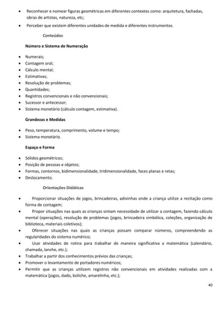    Reconhecer e nomear figuras geométricas em diferentes contextos como: arquitetura, fachadas,
    obras de artistas, natureza, etc;
   Perceber que existem diferentes unidades de medida e diferentes instrumentos.

             Conteúdos

    Número e Sistema de Numeração

   Numerais;
   Contagem oral;
   Cálculo mental;
   Estimativas;
   Resolução de problemas;
   Quantidades;
   Registros convencionais e não convencionais;
   Sucessor e antecessor;
   Sistema monetário (cálculo contagem, estimativa).

    Grandezas e Medidas

   Peso, temperatura, comprimento, volume e tempo;
   Sistema monetário.

    Espaço e Forma

   Sólidos geométricos;
   Posição de pessoas e objetos;
   Formas, contornos, bidimensionalidade, tridimensionalidade, faces planas e retas;
   Deslocamento.

             Orientações Didáticas

       Proporcionar situações de jogos, brincadeiras, adivinhas onde a criança utilize a recitação como
    forma de contagem;
       Propor situações nas quais as crianças sintam necessidade de utilizar a contagem, fazendo cálculo
    mental (operações), resolução de problemas (jogos, brincadeira simbólica, coleções, organização de
    biblioteca, materiais coletivos);
       Oferecer situações nas quais as crianças possam comparar números, compreendendo as
    regularidades do sistema numérico;
       Usar atividades de rotina para trabalhar de maneira significativa a matemática (calendário,
    chamada, lanche, etc.);
   Trabalhar a partir dos conhecimentos prévios das crianças;
   Promover o levantamento de portadores numéricos;
   Permitir que as crianças utilizem registros não convencionais em atividades realizadas com a
    matemática (jogos, dado, boliche, amarelinha, etc.);

                                                                                                      40
 