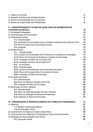 1. Histórico da Escola                                                               5
2. Biografia da Patrona da Unidade Escolar                                           6
3. Quadro de Identificação dos Funcionários                                          7
4. Quadro de Organização das Modalidades                                             9

II – CARACTERIZAÇÃO E PLANO DE AÇÃO PARA OS SEGMENTOS DE
ATUAÇÃO DA ESCOLA                                                                    10
1. Concepção Pedagógica                                                              10
2. Caracterização da Comunidade                                                      11
3. Comunidade Escolar                                                                12
       3.1. Caracterização                                                           12
       3.2. Avaliação da comunidade sobre o trabalho realizado pela escola em 2011   13
       3.3. Plano de Ação para Comunidade Escolar                                    14
       3.4. Avaliação                                                                15
4. Equipe Escolar                                                                    15
       4.1. Caracterização                                                           15
       4.1.1. Quadro de Identificação dos Professores e Auxiliares em Educação       17
       4.1.2. Plano de Formação do Professor e Auxiliar em Educação                  18
       4.1.3. Avaliação do Plano de Formação 2012                                    20
       4.1.4. Avaliação do Plano de formação 2011                                    21
       4.2. Funcionários                                                             22
       4.2.1. Caracterização                                                         22
       4.2.2. Quadro de Identificação dos Funcionários de Apoio                      23
       4.2.3. Plano de Formação dos Funcionários de Apoio                            24
       4.2.4. Avaliação do Plano de Formação                                         24
5. Conselho de Escola                                                                24
       5.1. Caracterização                                                           24
       5.2. Plano de Ação do Conselho de Escola                                      25
       5.3. Avaliação do Plano de Formação                                           26
6. Associação de Pais e Mestres                                                      26
       6.1. Caracterização                                                           26
       6.2. Plano de Ação Associação de Pais e Mestres                               26
       6.3. Plano de aplicação de Recursos Financeiros                               27
       6.4. Avaliação do Plano de Formação                                           27

III – ORGANIZAÇÃO E DESENVOLVIMENTO DO TRABALHO PEDAGÓGICO                           27
1. Objetivos                                                                         27
       1.1.Objetivo da Educação Básica                                               27
       1.2. Da Educação Infantil                                                     27
2. Levantamento de Objetivos Gerais e Específicos                                    28
3. Levantamento dos Objetivos e Conteúdos por Área do Conhecimento                   31
4. Avaliação das Aprendizagens dos Alunos                                            82
       4.1. Educação Infantil                                                        82

                                                                                          2
 