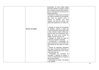 construções, tal como utilizar peças
                     para fazer paredes ou janelas e portas
                     de um castelo ou peças determinadas a
                     para a construção de uma cerca de um
                     pequeno galinheiro;
                     - Utilização do material para construção
                      de cenários temáticos de brincadeiras,
                      tais, como um pequeno curral, a
                      casinha de bonecas, uma nave
                      espacial, uma cama de ursinhos, uma
                      gaiola para passarinhos, um avião, etc.


                     - Utilização de regras em brincadeiras
Brincar com regras    de perseguir, procurar e pegar tais
                      como Dona Polenta, Ajuda-Ajuda, Gato
                      e Rato, Elefante Colorido, Morto-Vivo;
                      jogos de atirar como Amarelinha, Pião,
                      jogos de correr como Corrida de
                      Bastão, Chicote Queimado, etc.
                     - Utilização de regras em jogos de
                      adivinhas, de pegas e parlendas;
                     - Conhecimento e participação em
                      jogos tradicionais de transmissão oral:
                      brincadeiras de roda, jogos com bolas,
                      etc;
                     - Inclusão de acessórios adequados
                      para jogar: brinquedos tradicionais ou
                      materiais esportivos tais como cordas,
                      bolas, pião, pipa, etc.
                     - Participação em momentos de
                      discussão e definição do espaço e
                      número de participantes em função do
                      tipo de jogo utilizado.
                     - Determinação do tempo e do espaço
                      a ser utilizado.
                                                                56
 