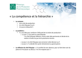 • Le contexte :
• Une unité de production.
• Un chef d’équipe S ou X.
• Un jeune embauché Y.
• Le problème :
• Y a une idée pour améliorer l’efficacité de la chaîne de production :
o Le jour 1, il en parle au chef d’équipe.
• Le chef d’équipe réfléchit, trouve cette idée pertinente et décide de la
mettre à l’ordre du jour de la prochaine réunion.
o Le jour 2, le chef d’équipe veut annoncer cette décision au Y.
o Le jour 2, Y a décidé d’en parler directement au grand patron.
• La réflexion du chef d’équipe : « Il a profité de mon absence, pour se faire bien voir du
patron et me passer au dessus. Il ne me respecte pas ! »
« La compétence et la hiérarchie »
 