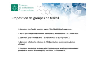 1. Comment être flexible sans être laxiste ? (De fléxibilité tu feras preuve.)
2. Est-ce que compétence rime avec hiérarchie? (De la verticalité , tu t’affranchiras.)
3. Comment gérer l’immédiateté ? (Dans la minute tu leur répondras.)
4. Comment valoriser les missions du Y ? (Des missions passionnantes, tu leur
offriras.)
5. Comment reconnaître les Y sans avoir l’impression de faire intrusion dans sa vie
privée et/ou de faire du copinage ? (Leur travail, tu reconnaîtras.)
Proposition de groupes de travail
 