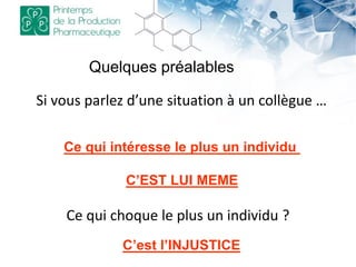 Quelques préalables
Ce qui choque le plus un individu ?
C’est l’INJUSTICE
Si vous parlez d’une situation à un collègue …
Ce qui intéresse le plus un individu
C’EST LUI MEME
 