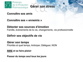 Gérer son stress
Connaître ses amis
Connaître ses « ennemis »
Détecter ses sources d’émotion
Famille, évènements de la vie, changements, vie professionnelle
Définir ses objectifs de vie
Gérer son temps
Priorités et quel temps, Anticiper, Déléguer, NON
RIRE et se faire plaisir
Passer du temps seul tous les jours
 