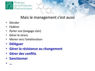 Mais le management c’est aussi
• Décider
• Fédérer
• Parler vrai (langage clair)
• Gérer le stress
• Mener vers l’amélioration
• Déléguer
• Gérer la résistance au changement
• Gérer des conflits
• Sanctionner
• …
 