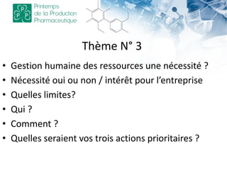 Thème N° 3
• Gestion humaine des ressources une nécessité ?
• Nécessité oui ou non / intérêt pour l’entreprise
• Quelles limites?
• Qui ?
• Comment ?
• Quelles seraient vos trois actions prioritaires ?
 