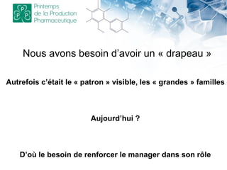 Nous avons besoin d’avoir un « drapeau »
Autrefois c’était le « patron » visible, les « grandes » familles
Aujourd’hui ?
D’où le besoin de renforcer le manager dans son rôle
 