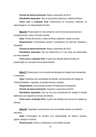 Período de desenvolvimento: Março a dezembro de 2012.
       Resultados esperados: Que os educandos adquiram o hábito da leitura.
       Como será a avaliação final: Observando se houveram melhoras na
aprendizagem e na interpretação de fatos.


       Meta 06: Preservação do meio ambiente como forma de sobrevivência e
embelezamento, onde a UE está inserida.
       Ação: Plantio de árvores, mudas de flores, palestras, saídas a campo.
       Responsáveis: Comunidade escolar e professores de Ciências, Biologia e
Geografia.
       Período de desenvolvimento: Março a dezembro de 2012.
       Resultados esperados: Que se desenvolva um novo olhar de preservação
ao meio ambiente.
       Como será a avaliação final: A partir das atitudes desenvolvidas em
preservação ao meio pela Comunidade Escolar.




       Meta 07: Desenvolver uma consciência educada em relação aos transeuntes
e motoristas.
       Ação: Palestras com autoridades do trânsito, conhecimento do Código de
Trânsito Brasileiro, maquetes, produção textual e cartazes.
       Responsáveis: Comunidade escolar e Professores de Geografia.
       Período de desenvolvimento: Fevereiro a dezembro de 2012.
       Resultados esperados: Que se crie uma consciência em relação à direção
defensiva e ao respeito às normas de trânsito.
       Como será a avaliação final: A partir das atitudes dos alunos em relação ao
trânsito.


       Meta 08: Integração e envolvimento da comunidade escolar no ambiente
educativo.
       Ação: Homenagem às famílias com apresentação de teatros, poesias,
jograis, danças e músicas.
       Responsáveis: Alunos, professores e comunidade escolar.
                                         16
 