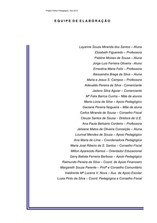 Projeto Político Pedagógico | Ano 2012




          EQUIPE DE ELABORAÇÃO




                                         Layanne Souza Miranda dos Santos – Aluna
                                                   Elizabeth Figueredo – Professora
                                                   Pabline Moises de Sousa – Aluna
                                                  Jorge Luiz Ferreira Oliveira - Aluno
                                                  Ernestina Maria Felix – Professora
                                                  Alessandra Braga da Silva – Aluna
                                              Maria e Jesus S. Campos – Professora
                                            Adevaldo Pereira da Silva - Comerciante
                                                 Jadsno Silva Aguiar – Comerciante
                                             Mª Felix Barros Cunha – Mãe de alunos
                                            Maria Lúcia da Silva – Apoio Pedagógico
                                           Geciane Pereira Nogueira – Mãe de aluna
                                         Carlos Miranda de Sousa – Conselho Fiscal
                                          Cleuza Santos de Sousa – Diretora de U.E.
                                           Ana Paula Belisário Cordeiro – Professora
                                     Jelsiane Matos de Oliveira Conceição – Aluna
                                  Lourival Mendes de Souza – Apoio Pedagógico
                                 Ana Maria de Lima – Coordenadora Pedagógica
                             Maria José Ribeiro da S. Santos – Conselho Fiscal
                             Milton Aparecido Ramos – Orientador Educacional
                            Geny Batista Ferreira Barbosa – Apoio Pedagógico
                   Raimundo Pereira da Silva – Coord. de Apoio Financeiro
                 Margareth Souza Parente – Profª e Conselho Comunitário
                      Valdirente Mª Lucena V. Nova – Aux. de Apoio Escolar
             Luzia Pinto da Silva – Coord. Pedagógica e Conselho Fiscal
 