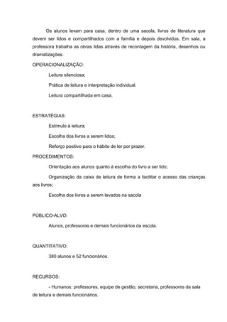 Os alunos levam para casa, dentro de uma sacola, livros de literatura que
devem ser lidos e compartilhados com a família e depois devolvidos. Em sala, a
professora trabalha as obras lidas através de recontagem da história, desenhos ou
dramatizações.

OPERACIONALIZAÇÃO:

        Leitura silenciosa;

        Prática de leitura e interpretação individual.

        Leitura compartilhada em casa.



ESTRATÉGIAS:

        Estímulo à leitura;

        Escolha dos livros a serem lidos;

        Reforço positivo para o hábito de ler por prazer.

PROCEDIMENTOS:

        Orientação aos alunos quanto à escolha do livro a ser lido;

        Organização da caixa de leitura de forma a facilitar o acesso das crianças
aos livros;

        Escolha dos livros a serem levados na sacola



PÚBLICO-ALVO:

        Alunos, professoras e demais funcionários da escola.



QUANTITATIVO:

        380 alunos e 52 funcionários.



RECURSOS:

        - Humanos: professores, equipe de gestão, secretaria, professores da sala
de leitura e demais funcionários.
 