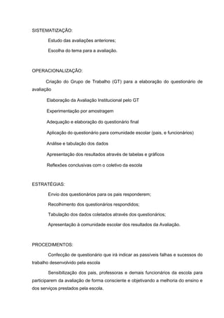 SISTEMATIZAÇÃO:

       Estudo das avaliações anteriores;

       Escolha do tema para a avaliação.



OPERACIONALIZAÇÃO:

      Criação do Grupo de Trabalho (GT) para a elaboração do questionário de
avaliação

       Elaboração da Avaliação Institucional pelo GT

       Experimentação por amostragem

       Adequação e elaboração do questionário final

       Aplicação do questionário para comunidade escolar (pais, e funcionários)

       Análise e tabulação dos dados

       Apresentação dos resultados através de tabelas e gráficos

       Reflexões conclusivas com o coletivo da escola



ESTRATÉGIAS:

       Envio dos questionários para os pais responderem;

       Recolhimento dos questionários respondidos;

       Tabulação dos dados coletados através dos questionários;

       Apresentação à comunidade escolar dos resultados da Avaliação.



PROCEDIMENTOS:

       Confecção de questionário que irá indicar as passíveis falhas e sucessos do
trabalho desenvolvido pela escola

       Sensibilização dos pais, professoras e demais funcionários da escola para
participarem da avaliação de forma consciente e objetivando a melhoria do ensino e
dos serviços prestados pela escola.
 