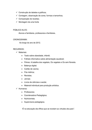 Construção de tabelas e gráficos;
   Contagem, observação de cores, formas e tamanhos;
   Comparação de receitas;
   Montagem de uma horta



PÚBLICO ALVO:
     Alunos e familiares, professores e familiares.


CRONOGRAMA:
     Ao longo do ano de 2012.


RECURSOS:
   Materiais:
           Texto sobre obesidade, infantil;
           Folheto informativo sobre alimentação saudável;
           Filmes: A batalha dos vegetais, Os vegetais e Os sem floresta.
           Balança digital;
           Cartão de vacina;
           Fita métrica;
           Revistas;
           Jornais
           Livros de ciências e saúde;
           Material individual para produção artística.
   Humanos:
           Professores;
           Coordenadora Pedagógica;
           Nutricionista;
           Supervisora pedagógica.


         “É na educação dos filhos que se revelam as virtudes dos pais”.
 