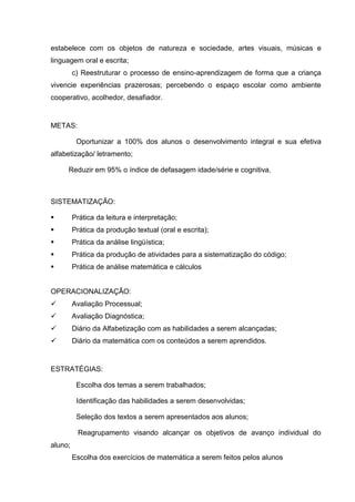 estabelece com os objetos de natureza e sociedade, artes visuais, músicas e
linguagem oral e escrita;
         c) Reestruturar o processo de ensino-aprendizagem de forma que a criança
vivencie experiências prazerosas; percebendo o espaço escolar como ambiente
cooperativo, acolhedor, desafiador.


METAS:

          Oportunizar a 100% dos alunos o desenvolvimento integral e sua efetiva
alfabetização/ letramento;

     Reduzir em 95% o índice de defasagem idade/série e cognitiva.



SISTEMATIZAÇÃO:

        Prática da leitura e interpretação;
        Prática da produção textual (oral e escrita);
        Prática da análise lingüística;
        Prática da produção de atividades para a sistematização do código;
        Prática de análise matemática e cálculos


OPERACIONALIZAÇÃO:
        Avaliação Processual;
        Avaliação Diagnóstica;
        Diário da Alfabetização com as habilidades a serem alcançadas;
        Diário da matemática com os conteúdos a serem aprendidos.


ESTRATÉGIAS:

          Escolha dos temas a serem trabalhados;

          Identificação das habilidades a serem desenvolvidas;

          Seleção dos textos a serem apresentados aos alunos;

           Reagrupamento visando alcançar os objetivos de avanço individual do
aluno;
         Escolha dos exercícios de matemática a serem feitos pelos alunos
 