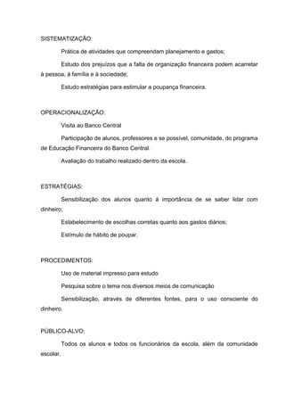 SISTEMATIZAÇÃO:

           Prática de atividades que compreendam planejamento e gastos;

           Estudo dos prejuízos que a falta de organização financeira podem acarretar
à pessoa, à família e à sociedade;

           Estudo estratégias para estimular a poupança financeira.



OPERACIONALIZAÇÃO:

           Visita ao Banco Central

           Participação de alunos, professores e se possível, comunidade, do programa
de Educação Financeira do Banco Central.

           Avaliação do trabalho realizado dentro da escola.



ESTRATÉGIAS:

           Sensibilização dos alunos quanto à importância de se saber lidar com
dinheiro;

           Estabelecimento de escolhas corretas quanto aos gastos diários;

           Estímulo de hábito de poupar.



PROCEDIMENTOS:

           Uso de material impresso para estudo

           Pesquisa sobre o tema nos diversos meios de comunicação

           Sensibilização, através de diferentes fontes, para o uso consciente do
dinheiro.


PÚBLICO-ALVO:

           Todos os alunos e todos os funcionários da escola, além da comunidade
escolar.
 