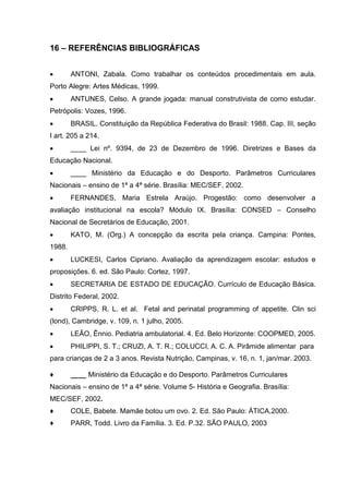 16 – REFERÊNCIAS BIBLIOGRÁFICAS


       ANTONI, Zabala. Como trabalhar os conteúdos procedimentais em aula.
Porto Alegre: Artes Médicas, 1999.
       ANTUNES, Celso. A grande jogada: manual construtivista de como estudar.
Petrópolis: Vozes, 1996.
       BRASIL. Constituição da República Federativa do Brasil: 1988. Cap. III, seção
I art. 205 a 214.
       ____ Lei nº. 9394, de 23 de Dezembro de 1996. Diretrizes e Bases da
Educação Nacional.
       ____ Ministério da Educação e do Desporto. Parâmetros Curriculares
Nacionais – ensino de 1ª a 4ª série. Brasília: MEC/SEF, 2002.
       FERNANDES, Maria Estrela Araújo. Progestão: como desenvolver a
avaliação institucional na escola? Módulo IX. Brasília: CONSED – Conselho
Nacional de Secretários de Educação, 2001.
       KATO, M. (Org.) A concepção da escrita pela criança. Campina: Pontes,
1988.
       LUCKESI, Carlos Cipriano. Avaliação da aprendizagem escolar: estudos e
proposições. 6. ed. São Paulo: Cortez, 1997.
       SECRETARIA DE ESTADO DE EDUCAÇÃO. Currículo de Educação Básica.
Distrito Federal, 2002.
       CRIPPS, R. L. et al. Fetal and perinatal programming of appetite. Clin sci
(lond), Cambridge, v. 109, n. 1 julho, 2005.
       LEÃO, Ênnio. Pediatria ambulatorial. 4. Ed. Belo Horizonte: COOPMED, 2005.
       PHILIPPI, S. T.; CRUZI, A. T. R.; COLUCCI, A. C. A. Pirâmide alimentar para
para crianças de 2 a 3 anos. Revista Nutrição, Campinas, v. 16, n. 1, jan/mar. 2003.

♦       ____ Ministério da Educação e do Desporto. Parâmetros Curriculares
Nacionais – ensino de 1ª a 4ª série. Volume 5- História e Geografia. Brasília:
MEC/SEF, 2002.
♦       COLE, Babete. Mamãe botou um ovo. 2. Ed. São Paulo: ÁTICA,2000.
♦       PARR, Todd. Livro da Família. 3. Ed. P.32. SÃO PAULO, 2003
 
