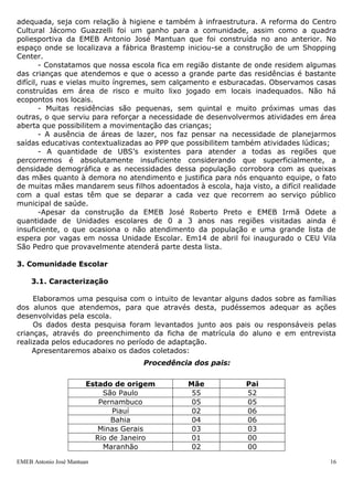 EMEB Antonio José Mantuan 16
Nossa escola está inserida num bairro próximo ao centro da cidade. Além de nossa
unidade, a comunidade conta com mais duas EMEB’s de 0 a 3 anos, sendo: EMEB José
Roberto Preto e EMEB Manoel Torres de Oliveira. Contamos, também, com as EMEB’s de
3 a 5 anos, EMEB Hygino Baptista de Lima, EMEB Di Cavalcanti, EMEB Mauricio Caetano
de Castro, EMEB Mariana Benvinda da Costa e EMEB Olegário José Godoy ‘Sorocabinha
atendendo também ensino fundamental. Além destas unidades municipais, outras de
ensino fundamental e médio, sendo algumas estaduais.
Temos próximos a escola, um posto policial, uma banca de jornal, algumas oficinas
mecânicas, mini-mercados, açougue, Terminal Metropolitano Ferrazópolis, Hipermercado
Wall Mart, corpo de bombeiros, UBS Jardim Leblon e Ferrazópolis que há pouco foi
reformada e ampliada.
Com o objetivo de desenvolvermos propostas pedagógicas que, de fato
respondessem às necessidades trazidas pelos alunos em 2011, realizamos um trabalho
de visitação nos bairros próximos à escola nos quais residem os mesmos para conhecer
melhor a realidade onde está inserida a comunidade que atendemos.
O trabalho iniciou-se com a pesquisa de endereços das crianças, para que
pudéssemos, senão conhecer todos os bairros, ao menos escolhermos os bairros de
onde vem a maior parte de nossos alunos e os que apresentassem grandes diferenças
com relação à infra-estrutura.
Os bairros visitados foram: Ferrazópolis, Jardim Limpão, Jardim Irajá, Saracantan,
Leblon, Atlântico, Vl. Aurora, Vl. Boa Viagem e Santa Terezinha. Em cada local visitado
tínhamos a tarefa de observar os aspectos ligados à distância percorrida pelas crianças
de suas residências até a escola, acessibilidade às residências dos alunos, existência de
locais públicos destinados ao lazer e, adequação dos mesmos à faixa etária que
atendemos, condições de saneamento, iluminação e calçamento, existência de áreas
verdes e arborização das ruas e outros aspectos que considerássemos relevantes.
Na volta nos reunimos para fazermos a socialização daquilo que observamos e
propormos alguns encaminhamentos.
Quanto aos aspectos observados e discutidos:
- Ao redor da escola percebemos que no espaço onde funcionava a Associação
Varzealegrense, (construção que se situa na divisa com o prédio escolar), a situação é
de abandono. Há um projeto da prefeitura em construir uma creche neste prédio, porém
ainda é uma proposta. Esta área que poderia se destinar à comunidade, tão carente de
espaços coletivos de lazer, encontra-se deteriorada, sem condições de utilização
adequada, seja com relação à higiene e também à infraestrutura. A reforma do Centro
Cultural Jácomo Guazzelli foi um ganho para a comunidade, assim como a quadra
poliesportiva da EMEB Antonio José Mantuan que foi construída no ano anterior. No
espaço onde se localizava a fábrica Brastemp iniciou-se a construção de um Shopping
Center.
- Constatamos que nossa escola fica em região distante de onde residem algumas
das crianças que atendemos e que o acesso a grande parte das residências é bastante
difícil, ruas e vielas muito íngremes, sem calçamento e esburacadas. Observamos casas
construídas em área de risco e muito lixo jogado em locais inadequados. Não há
ecopontos nos locais.
- Muitas residências são pequenas, sem quintal e muito próximas umas das
outras, o que serviu para reforçar a necessidade de desenvolvermos atividades em área
aberta que possibilitem a movimentação das crianças;
- A ausência de áreas de lazer, nos faz pensar na necessidade de planejarmos
saídas educativas contextualizadas ao PPP que possibilitem também atividades lúdicas;
 