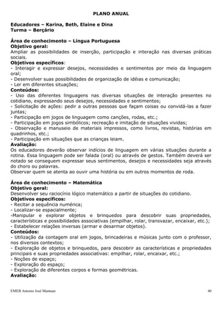 EMEB Antonio José Mantuan 40
As meninas também
participam de jogos
que desenvolvem os
movimentos amplos:
correr, jogar, pular
As brincadeiras são propostas
igualmente para meninos e
meninas.
Demonstramos o
valor que damos às
brincadeiras infantis
participando delas
sempre que as
crianças pedem.
Os educadores participam das
brincadeiras junto com as
crianças.
Os adultos também
acatam as
brincadeiras
propostas pelas
crianças.
Há participação dos adultos nas
brincadeiras propostas pelas
crianças.
Implantamos o “Dia de...” onde mensalmente os educadores organizam um espaço bem
elaborado e todas as turmas podem aproveitar por um maior tempo a atividade e
passamos a realizar mais Atividades de Integração, pensando na socialização entre as
crianças e no planejamento de atividades diferenciadas.
PLANO ANUAL
Educadores – Karina, Beth, Elaine e Dina
Turma – Berçário
Área de conhecimento – Língua Portuguesa
Objetivo geral:
Ampliar as possibilidades de inserção, participação e interação nas diversas práticas
sociais.
Objetivos específicos:
- Interagir e expressar desejos, necessidades e sentimentos por meio da linguagem
oral;
- Desenvolver suas possibilidades de organização de idéias e comunicação;
- Ler em diferentes situações;
Conteúdos:
 