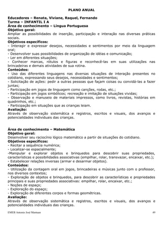 EMEB Antonio José Mantuan 49
 Expressar-se através da fala e de gestos;
 Imitar o som dos animais.
CONTEÚDOS:
-Animais domésticos;
-Sons;
-Características dos animais.
RECURSOS:
- DVD´s;
- Livros;
- Cartaz;
- CD´s;
- Cartões com imagens de animais;
- Color set;
- Tinta;
- Giz de cera;
- Cola colorida;
- Massa de modelar;
- Figuras enviadas pelos pais.
ETAPAS PREVISTAS:
- Apresentação dos animais domésticos que têm em casa e que serão trazidos para a
creche para conhecimento do grupo;
- Contação de história, DVD´s e músicas relacionada ao animal;
- Elaboração da ficha técnica dos animais conhecidos;
- Mascote da turma.
AVALIAÇÃO:
Serão feitas de maneira contínua analisando o desenvolvimento das crianças na
participação das atividades, por meio de observações, registros e relatório.
PLANO ANUAL
Educadores – Renata, Viviane, Raquel, Fernando
Turma – INFANTIL I A
Área de conhecimento – Língua Portuguesa
Objetivo geral:
Ampliar as possibilidades de inserção, participação e interação nas diversas práticas
sociais.
Objetivos específicos:
- Interagir e expressar desejos, necessidades e sentimentos por meio da linguagem
oral;
- Desenvolver suas possibilidades de organização de idéias e comunicação;
- Ler em diferentes situações;
- Conhecer marcas, rótulos e figuras e reconhecê-las em suas utilizações nas
brincadeiras e demais atividades de sua rotina.
 