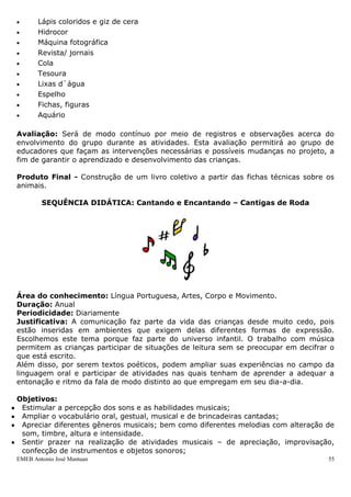 EMEB Antonio José Mantuan 55
 Adquirir noções de cuidado e preservação dos animais e com o meio ambiente;
 Ampliar a oralidade;
 Apreciar a leitura de histórias;
 Ampliar o repertório musical.
Conteúdos:
 Animais domésticos.
Etapas e Procedimentos:
 Usar diferentes fontes de informação e relacioná-las;
 Selecionar animais a partir de pesquisa feita com os pais procurando saber se têm
animal de estimação;
 Classificar animais (se tem pêlo, pena, se vive na água na terra);
 Desenvolver atividades lúdicas a partir de figuras, brinquedos (por exemplo,
montagem de aquário em caixa de sapato);
 Elaborar cartazes, painéis, bonecos;
 Contar histórias para o grupo mostrando gravuras de determinados animais;
 Trazer para a sala um aquário, sendo que o peixinho será a mascote da turma;
 Elaboração de ficha técnica com as características dos animais conhecidos.
Materiais
 Livros de Literatura Infantil
 CDs/ som
 Televisão/filmes
 Sucatas
 Papéis diversos
 Tintas e pincéis
 Lápis coloridos e giz de cera
 Hidrocor
 Máquina fotográfica
 Revista/ jornais
 Cola
 Tesoura
 Lixas d`água
 Espelho
 Fichas, figuras
 Aquário
Avaliação: Será de modo contínuo por meio de registros e observações acerca do
envolvimento do grupo durante as atividades. Esta avaliação permitirá ao grupo de
educadores que façam as intervenções necessárias e possíveis mudanças no projeto, a
fim de garantir o aprendizado e desenvolvimento das crianças.
 