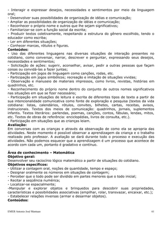EMEB Antonio José Mantuan 61
Orientações Didáticas:
 Disponibilização dos livros em diferentes momentos da rotina.
 Conversas sobre as histórias, destacando os personagens e retomando as partes
que as crianças consideram mais queridas.
 Contação das histórias: Chapeuzinho Vermelho, Cachinhos Dourados, O gato de
Botas, Os três porquinhos, A Bela Adormecida, Cinderela, A princesa e o sapo,
Branca de Neve e os sete anões, O patinho feio, João e o pé de feijão, A casa mal
assombrada e Pinóquio, ao longo do ano para que a turma possa se apropriar da
narração, memorizar partes da história e interagir com seu conteúdo.
 Observação e manuseio de materiais impressos, como livros, revistas, histórias
em quadrinhos, etc.;
 Participação em situações que as crianças leiam;
Recursos:
 Livros de literatura infantil;
 Fantasias;
 Fantoches;
 Aventais para contações de histórias;
 Gravuras;
 Dedoches;
 Papeis para atividades diversas (dobradura, cartolina, cartão, etc.);
 Dvd’s;
 Cd’s;
 Aparelho de áudio;
 Aparelho de vídeo;
 Sucatas.
Avaliação:
Por meio da observação e registro verificaremos se as crianças ficam atentas à
fala dos educadores, durante a narração das histórias e às ilustrações. Estaremos
atentos às iniciativas das crianças e suas reações diante das histórias por meio da
fala, de gestos e de expressões faciais.
PLANO ANUAL
Educadores –Joyce, Soraia, Riberson e Michelle
Turma – INFANTIL I B
Área de conhecimento – Língua Portuguesa
Objetivo geral:
Ampliar as possibilidades de inserção, participação e interação nas diversas práticas
sociais.
Objetivos específicos:
- Interagir e expressar desejos, necessidades e sentimentos por meio da linguagem
oral;
- Desenvolver suas possibilidades de organização de idéias e comunicação;
- Ampliar as possibilidades de organização de idéias e comunicação;
- Reconhecer o próprio nome e outros que lhe sejam significativos;
 