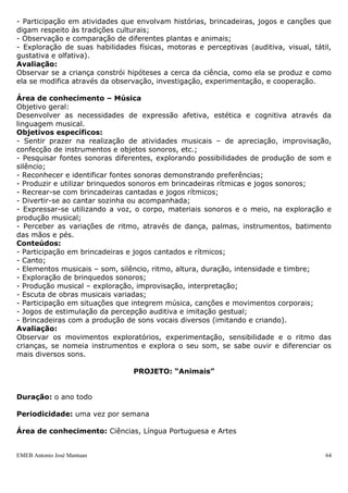 EMEB Antonio José Mantuan 64
Desenvolver a imaginação, expressão, sensibilidade e comunicação artística.
Objetivos específicos:
- Participar de situações coletivas de organização do espaço, em sala de aula, no ateliê,
em espaços expositivos dentro e fora da escola;
- Praticar ações de cuidados com os materiais pessoais e coletivos;
- Sentir prazer na realização de trabalhos artísticos;
- Utilizar diversos materiais gráficos e plásticos sobre diferentes superfícies para ampliar
suas possibilidades de expressão e comunicação;
- Explorar as características, propriedades e possibilidades de manuseio de diferentes
objetos e materiais por meio da manipulação;
- Ampliar o próprio conhecimento de mundo por meio do contato com formas diversas
de expressões artísticas;
- Participar de rodas de apreciação das mais variadas imagens, das suas próprias
produções e dos colegas;
- Explorar os mais variados movimentos gestuais para produzir desenhos e pinturas.
Conteúdos:
- Cuidado com os materiais usados, com os trabalhos individuais e coletivos;
- Exploração e manipulação de materiais, meios e suportes diversos;
- Exploração de movimentos gestuais;
- Apreciação e identificação de imagens diversas.
Avaliação:
Investigar o conhecimento das crianças quanto ao uso dos materiais e suportes é muito
importante. Com base nas informações obtidas devem surgir outras possibilidades de
exploração ou não. Depende do grupo, esse diagnóstico pode servir de apoio para que
novos desafios possam acontecer.
Área de conhecimento – Ciências
Objetivo geral:
Explorar o ambiente, manifestando interesse e curiosidade pelo mundo social, natural e
cultural.
Objetivos específicos:
- Observar e interagir com o meio, desenvolvendo a curiosidade pelo mundo;
- Relacionar-se com seu próprio grupo social e com pessoas de diferentes culturas, seus
valores e formas de organização;
- Ter atitudes e comportamentos cooperativos, e que se mostrem solidárias no convívio
social;
- Experimentar situações onde possa conhecer e explorar o meio.
Conteúdos:
- Construção de sua identidade a partir da convivência com pessoas do seu grupo e de
diferentes culturas;
- Desenvolvimento de atitudes e comportamentos cooperativos e solidários;
- Conhecimento do próprio corpo por meio de jogos e brincadeiras;
- Contato com animais e plantas;
- Exploração de objetos e suas propriedades (som, odor, temperatura, movimento);
- Participação em atividades que envolvam histórias, brincadeiras, jogos e canções que
digam respeito às tradições culturais;
- Observação e comparação de diferentes plantas e animais;
- Exploração de suas habilidades físicas, motoras e perceptivas (auditiva, visual, tátil,
gustativa e olfativa).
Avaliação:
 