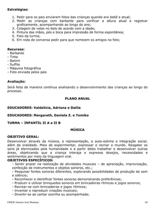 EMEB Antonio José Mantuan 69
Avaliação:
Será feita de maneira contínua, observando o envolvimento das crianças ao longo das
atividades desenvolvidas, bem como as aprendizagens adquiridas e demonstradas pelas
mesmas.
SEQUÊNCIA IDENTIDADE
Área de conhecimento: Ciências, Língua Portuguesa, Artes, Matemática e Corpo e
Movimento.
Duração: 6 meses
Periodicidade: 1 vez por semana
Justificativa: O reconhecimento da própria identidade é fundamental para a construção
da autonomia, de um ser social coerente em suas ideias e atitudes.
Objetivo geral: Apropriar-se de sua identidade;
Objetivos específicos:
Familiarizar-se com a imagem do próprio corpo.
Expressar seus desejos, sentimentos, possibilitando a satisfação de suas necessidades
essenciais.
Participar de situações do cotidiano que envolva o contato com a escrita do próprio
nome.
Reconhecer suas diferenças e semelhanças com outros indivíduos, percebendo-se como
um ser único.
Reconhecer a formação de sua família e a das outras crianças.
Perceber-se como integrante de uma família.
Que as crianças utilizem seus conhecimentos em artes para registrar as etapas do
projeto.
Observar e interagir com o meio, desenvolvendo a curiosidade pelo mundo;
Relacionar-se com seu próprio grupo social e com pessoas de diferentes culturas, seus
valores e formas de organização;
Conteúdos:
- Conhecimento do próprio corpo;
- Reconhecimento do próprio nome dentro do conjunto de outros nomes significativos
nas situações em que se fizer necessário;
- Noções de tempo e espaço;
- Exploração e manipulação de materiais, meios e suportes diversos.
Estratégias:
1. Pedir para os pais enviarem fotos das crianças quando era bebê e atual;
2. Medir as crianças com barbante para verificar a altura atual e registrar
graficamente, acompanhando ao longo do ano;
 