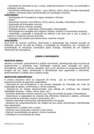 EMEB Antonio José Mantuan 70
3. Colagem de velas no bolo de acordo com a idade;
4. Pintura das mãos, pés e boca para impressão de forma espontânea;
5. Foto da turma;
6. Em roda de conversa pedir para que nomeiem os amigos na foto;
Recursos:
- Barbante
- Tinta
- Batom
- Sulfite
- Máquina fotográfica
- Foto enviada pelos pais
Avaliação:
Será feita de maneira contínua analisando o desenvolvimento das crianças ao longo do
processo.
PLANO ANUAL
EDUCADORES: Valdelícia, Adriana e Dalila
EDUCADORES: Margareth, Daniela Z. e Tomiko
TURMA – INFANTIL II A e II B
MÚSICA
OBJETIVO GERAL:
Desenvolver através da música, a representação, a auto-estima e integração social,
além da oralidade. Meio de experimentar, expressar e recriar o mundo. Resgatar os
sons já eternizados pela humanidade e a partir deles trabalhar e desenvolver outras
áreas, objetivando que a criança interaja e expresse desejos, necessidades e
sentimentos por meio da linguagem oral.
OBJETIVOS ESPECÍFICOS:
- Sentir prazer na realização de atividades musicais – de apreciação, improvisação,
confecção de instrumentos e objetos sonoros, etc.;
- Pesquisar fontes sonoras diferentes, explorando possibilidades de produção de som
e silêncio;
- Reconhecer e identificar fontes sonoras demonstrando preferências;
- Produzir e utilizar brinquedos sonoros em brincadeiras rítmicas e jogos sonoros;
- Recrear-se com brincadeiras e jogos rítmicos;
- Inventar e reproduzir criações musicais;
- Divertir-se ao cantar sozinha ou acompanhada;
- Expressar-se utilizando a voz, o corpo, materiais sonoros e o meio, na exploração e
produção musical;
- Reconhecer elementos da música – som, silêncio, ritmo, altura, duração,intensidade
e timbre, utilizando esses conhecimentos em produções musicais.
CONTEÚDOS:
- Participação em brincadeiras e jogos cantados e rítmicos;
 