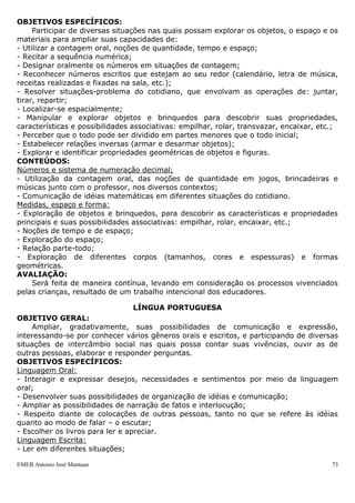 EMEB Antonio José Mantuan 73
ARTES
OBJETIVO GERAL:
Ampliar o conhecimento de mundo que possuem, manipulando diferentes objetos e
materiais explorando suas características, propriedades de manuseio e entrando em
contato com formas diversas de expressão artística. Produzindo trabalhos de arte,
utilizando a linguagem do desenho, da pintura, da modelagem, da colagem,
desenvolvendo o gosto, o cuidado e o respeito pelo processo de produção e criação.
OBJETIVOS ESPECÍFICOS:
- Participar de situações coletivas de organização do espaço, em sala de aula, no ateliê,
em espaços expositivos dentro e fora da escola;
- Praticar ações de cuidados com os materiais pessoais e coletivos;
- Sentir prazer na realização de trabalhos artísticos;
- Utilizar diversos materiais gráficos e plásticos sobre diferentes superfícies para ampliar
suas possibilidades de expressão e comunicação;
- Explorar as características, propriedades e possibilidades de manuseio de diferentes
objetos e materiais por meio da manipulação;
- Ampliar o próprio conhecimento de mundo por meio do contato com formas diversas
de expressões artísticas;
- Participar de rodas de apreciação das mais variadas imagens, das suas próprias
produções e dos colegas;
- Explorar os mais variados movimentos gestuais para produzir desenhos e pinturas;
- Utilizar a arte como forma de linguagem através do desenho, pintura, modelagem e
colagem;
- Conhecer e utilizar diversos meios, suporte e instrumentos.
CONTEÚDOS:
- Cuidado com os materiais usados, com os trabalhos individuais e coletivos;
- Exploração e manipulação de materiais diversos;
- Exploração de movimentos gestuais;
- Apreciação e identificação de imagens diversas;
- Cuidado com o próprio corpo e dos colegas no contato com os suportes e materiais de
arte;
- Criação de desenhos, pinturas, modelagens e colagens.
AVALIAÇÃO:
Será feita de maneira contínua, observando o envolvimento das crianças ao longo
das atividades desenvolvidas, bem como as aprendizagens adquiridas e demonstradas
pelas mesmas.
MATEMÁTICA
OBJETIVO GERAL:
Proporcionar oportunidades para que as crianças desenvolvam a capacidade de
estabelecer aproximações a algumas noções matemáticas presentes no seu cotidiano,
como contagem, relações espaciais, etc.
OBJETIVOS ESPECÍFICOS:
Participar de diversas situações nas quais possam explorar os objetos, o espaço e os
materiais para ampliar suas capacidades de:
- Utilizar a contagem oral, noções de quantidade, tempo e espaço;
- Recitar a sequência numérica;
- Designar oralmente os números em situações de contagem;
 