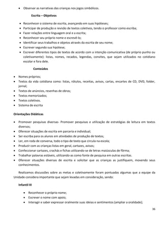    Observar as narrativas das crianças nos jogos simbólicos.

               Escrita – Objetivos

       Reconhecer o sistema de escrita, avançando em suas hipóteses;
       Participar de produção e revisão de textos coletivos, tendo o professor como escriba;
       Fazer relações entre linguagem oral e a escrita;
       Reconhecer seu próprio nome e escrevê-lo;
       Identificar seus trabalhos e objetos através da escrita de seu nome;
       Escrever segundo sua hipótese;
       Escrever diferentes tipos de textos de acordo com a intenção comunicativa (de próprio punho ou
        coletivamente): listas, nomes, recados, legendas, convites, que sejam utilizados no cotidiano
        escolar e fora dele.

                   Conteúdos

   Nomes próprios;
   Textos da vida cotidiana como: listas, rótulos, receitas, avisos, cartas, encartes de CD, DVD, folder,
    jornal;
   Textos de anúncios, resenhas de obras;
   Textos memorizados;
   Textos coletivos.
   Sistema de escrita

Orientações Didáticas

   Promover pesquisas diversas- Promover pesquisas e utilização de estratégias de leitura em textos
    diversos;
   Oferecer situações de escrita em parceria e individual;
   Ser escriba para os alunos em atividades de produção de textos;
   Ler, em roda de conversa, todo o tipo de texto que circula na escola;
   Produzir com as crianças listas em geral, cartazes, avisos;
   Confeccionar cartazes, crachás e fichas utilizando-se de letras maiúsculas de fôrma;
   Trabalhar palavras estáveis, utilizando-as como fonte de pesquisa em outras escritas.
   Oferecer situações diversas de escrita e solicitar que as crianças as justifiquem, movendo seus
    conhecimentos.

   Realizamos discussões sobre as metas e coletivamente foram pontuadas algumas que a equipe da
Unidade considera importante que sejam levadas em consideração, sendo:

    Infantil III

           Reconhecer o próprio nome;
           Escrever o nome com apoio;
           Interagir e saber expressar oralmente suas ideias e sentimentos (ampliar a oralidade);

                                                                                                       36
 