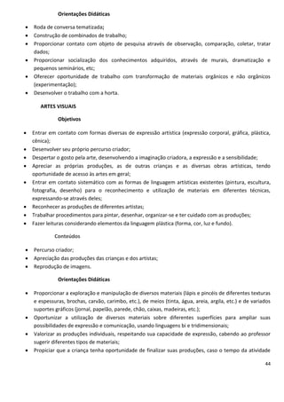 Orientações Didáticas

   Roda de conversa tematizada;
   Construção de combinados de trabalho;
   Proporcionar contato com objeto de pesquisa através de observação, comparação, coletar, tratar
    dados;
   Proporcionar socialização dos conhecimentos adquiridos, através de murais, dramatização e
    pequenos seminários, etc;
   Oferecer oportunidade de trabalho com transformação de materiais orgânicos e não orgânicos
    (experimentação);
   Desenvolver o trabalho com a horta.

       ARTES VISUAIS

              Objetivos

   Entrar em contato com formas diversas de expressão artística (expressão corporal, gráfica, plástica,
    cênica);
   Desenvolver seu próprio percurso criador;
   Despertar o gosto pela arte, desenvolvendo a imaginação criadora, a expressão e a sensibilidade;
   Apreciar as próprias produções, as de outras crianças e as diversas obras artísticas, tendo
    oportunidade de acesso às artes em geral;
   Entrar em contato sistemático com as formas de linguagem artísticas existentes (pintura, escultura,
    fotografia, desenho) para o reconhecimento e utilização de materiais em diferentes técnicas,
    expressando-se através deles;
   Reconhecer as produções de diferentes artistas;
   Trabalhar procedimentos para pintar, desenhar, organizar-se e ter cuidado com as produções;
   Fazer leituras considerando elementos da linguagem plástica (forma, cor, luz e fundo).

             Conteúdos

   Percurso criador;
   Apreciação das produções das crianças e dos artistas;
   Reprodução de imagens.

              Orientações Didáticas

   Proporcionar a exploração e manipulação de diversos materiais (lápis e pincéis de diferentes texturas
    e espessuras, brochas, carvão, carimbo, etc.), de meios (tinta, água, areia, argila, etc.) e de variados
    suportes gráficos (jornal, papelão, parede, chão, caixas, madeiras, etc.);
   Oportunizar a utilização de diversos materiais sobre diferentes superfícies para ampliar suas
    possibilidades de expressão e comunicação, usando linguagens bi e tridimensionais;
   Valorizar as produções individuais, respeitando sua capacidade de expressão, cabendo ao professor
    sugerir diferentes tipos de materiais;
   Propiciar que a criança tenha oportunidade de finalizar suas produções, caso o tempo da atividade

                                                                                                         44
 